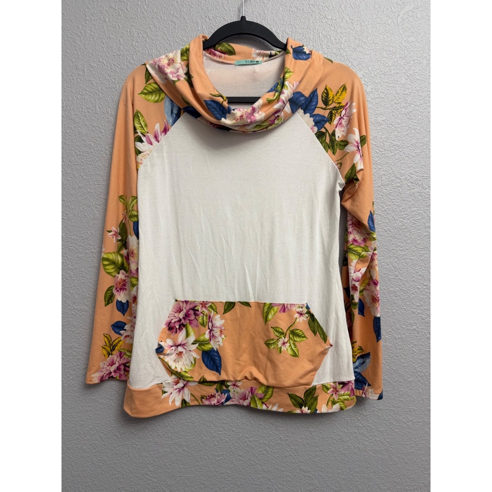 P.S. Kate Floral Raglan Cowl Neck Hoodie Top Peach White Medium Boho Casual Top